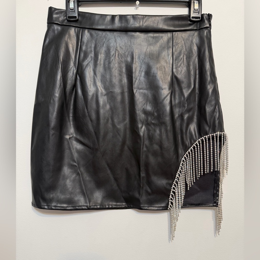 Bear Dance Size L Black Faux Leather Skirt with Rhinestone Fringe - Picture 2 of 11
